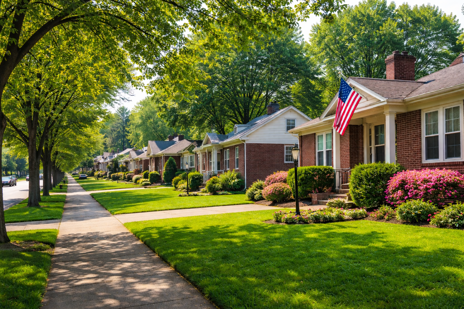 Tree-lined residential street with mid-century brick homes in South Ashland, Kentucky